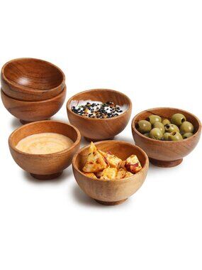 Hand-Carved Acacia Wood Small Bowls Set of 6 | Dipping Bowls for Sauce & Salsa